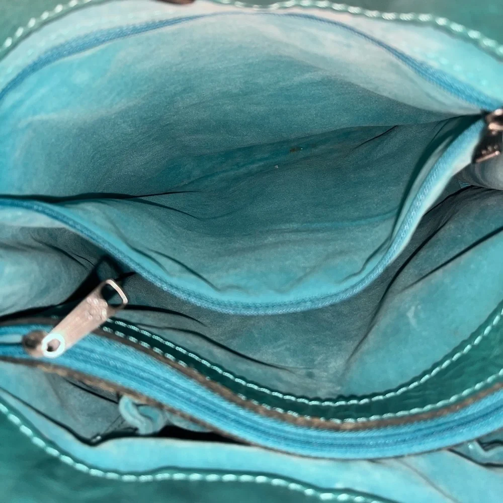 Patricia Nash Octavia Leather Blue Teal & Beige Women's Wicker Woven Tote